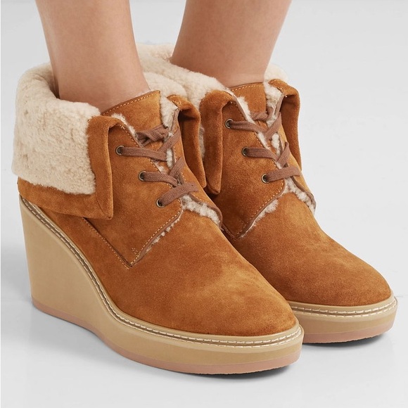 See By Chloe Shoes - See By Chloe Shearling-Trimmed Suede Wedge Ankle Boots